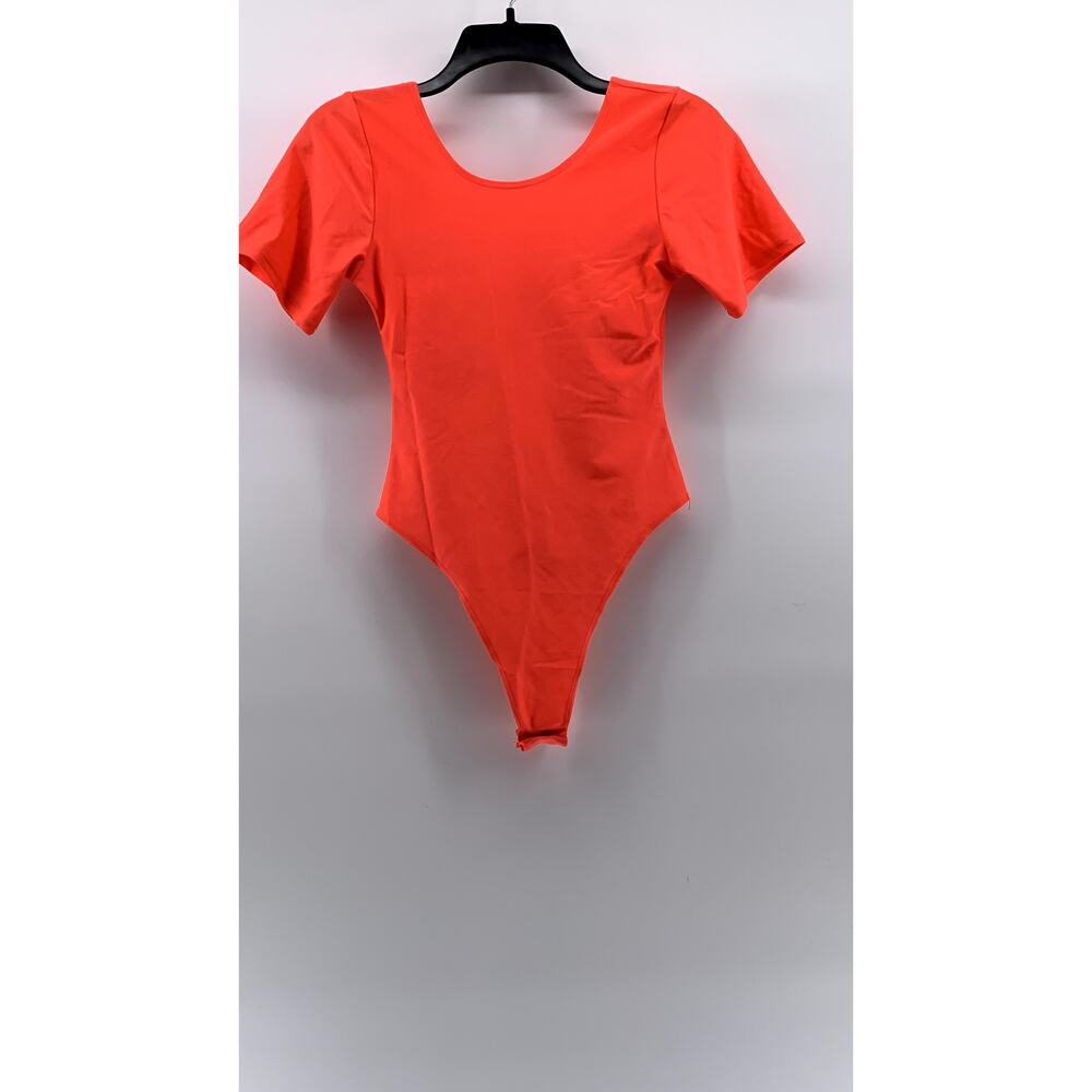 ROMA CONCEPT Women's Neon Orange Crewneck Short Sleeve Cheeky Bodysuit SZ L